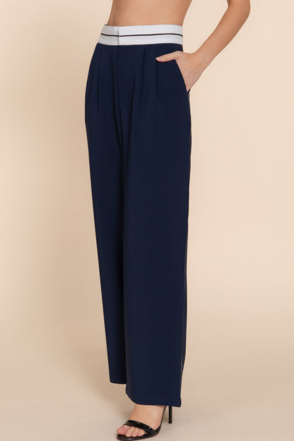 Contrast Waistband Straight Long Pants - Navy - dellidu.com - S - product image - product image - 59266b.S - dellidu.com