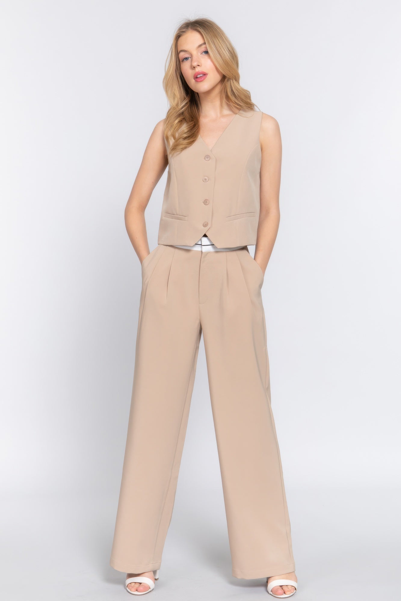 Contrast Waistband Straight Long Pants - Taupe - dellidu.com - S - product image - product image - 59266c.S - dellidu.com