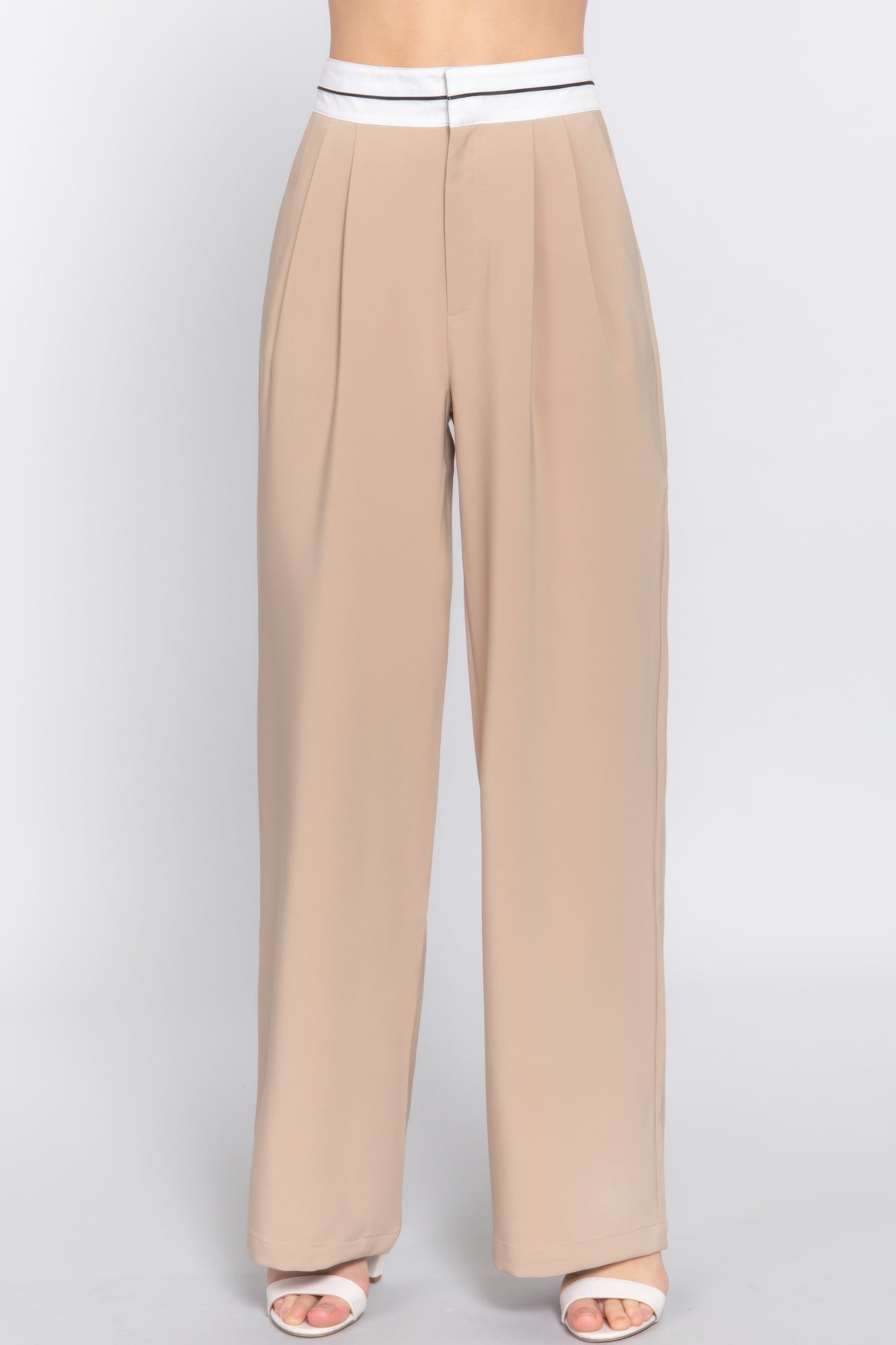 Contrast Waistband Straight Long Pants - Taupe - dellidu.com - S - product image - product image - 59266c.S - dellidu.com