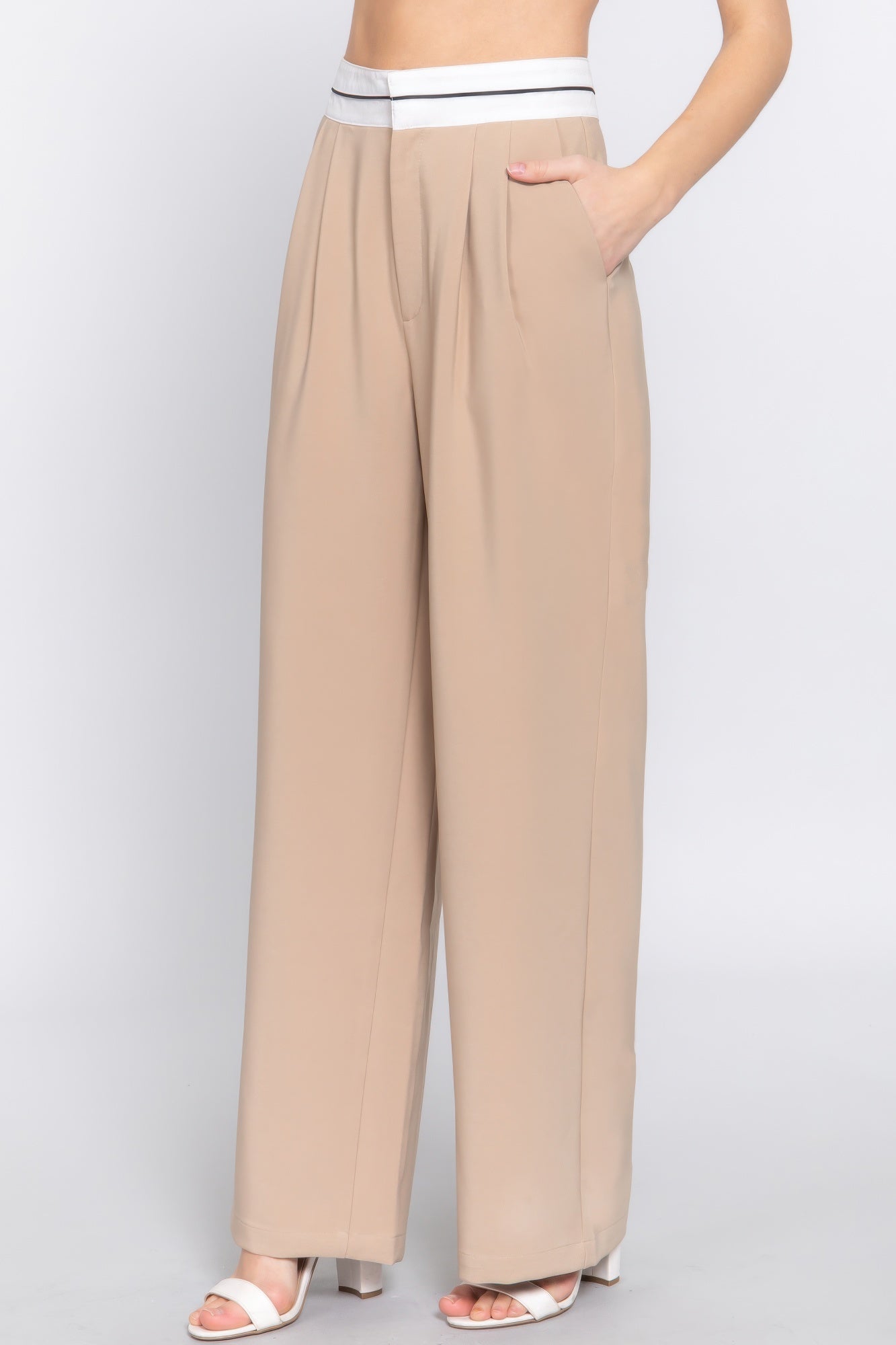 Contrast Waistband Straight Long Pants - Taupe - dellidu.com - S - product image - product image - 59266c.S - dellidu.com