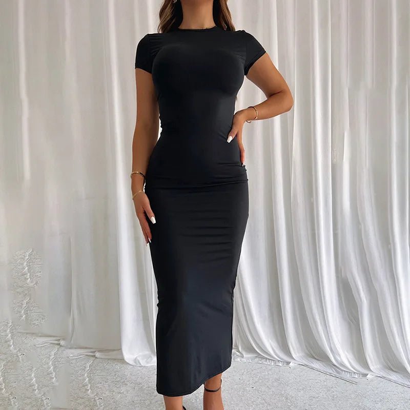 CUTENOVA 2024 Women Solid Color Slim Short Sleeve Dress - dellidu.com - BLACK - CUTENOVA 2024 Women Solid Color Slim Short Sleeve Dress - L - CUTENOVA 2024 Women Solid Color Slim Short Sleeve Dress - 14:193#BLACK;5:361385 - dellidu.com