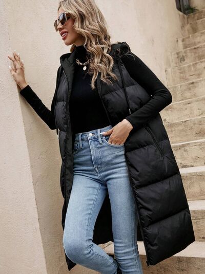 Drawstring Zip Up Hooded Longline Vest Coat - dellidu.com - 100100278158972 - Black - b300cc5e - e48d - 4ede - be84 - 674fed01946d - Min - 2XL - b300cc5e - e48d - 4ede - be84 - 674fed01946d - Min - 100100278158972 - Trendsi