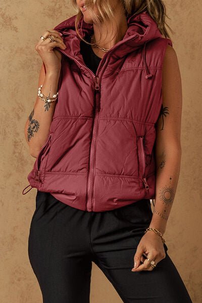 Drawstring Zip Up Hooded Vest Coat - dellidu.com - 100100185767161 - Burgundy - deca5a1d38a04130bc56d8e853d1ba48 - Min - M - deca5a1d38a04130bc56d8e853d1ba48 - Min - 100100185767161 - Trendsi