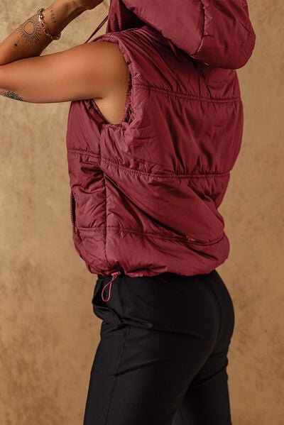 Drawstring Zip Up Hooded Vest Coat - dellidu.com - 100100185767161 - Burgundy - 2589c356e91d4ad9a205ad80f6ac49d1 - Min - M - 2589c356e91d4ad9a205ad80f6ac49d1 - Min - 100100185767161 - Trendsi