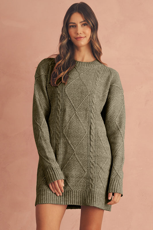 Mist Green Twist Cable Knit Drop Shoulder Sweater Dress