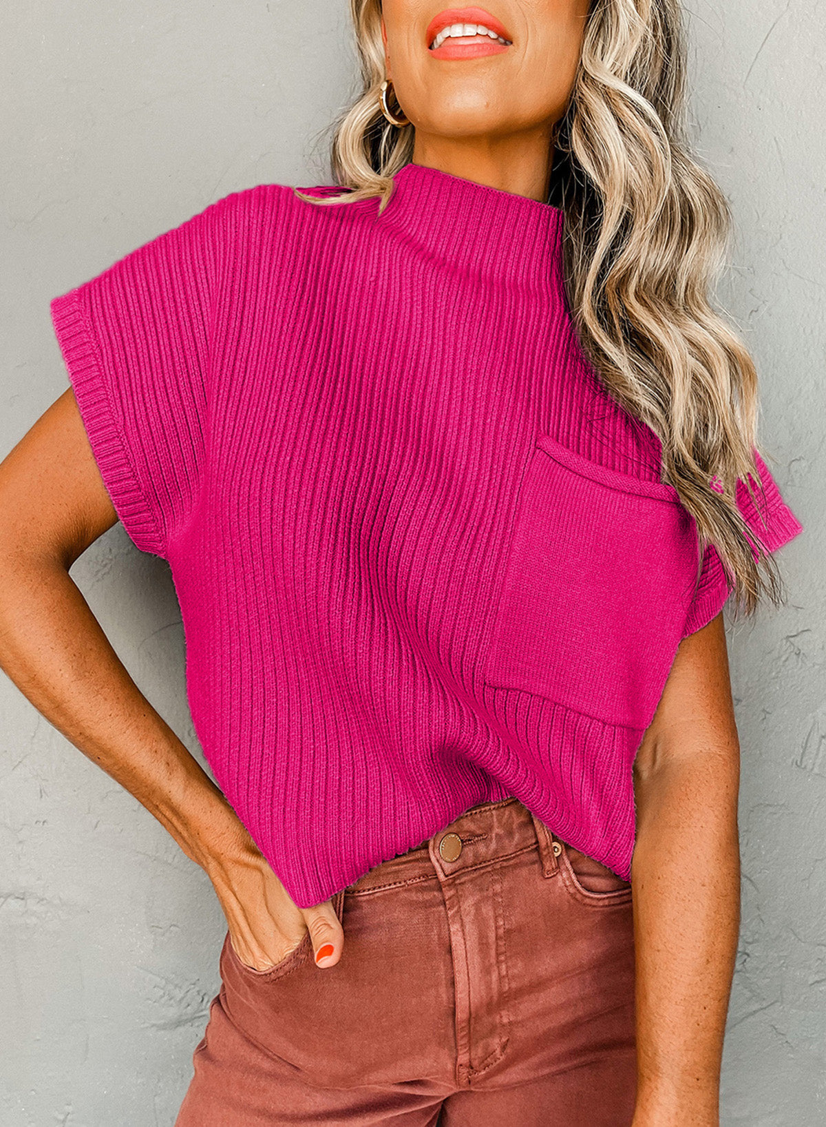 Pink Ribbed Knit Short Sleeve Sweater with Patch Pockets