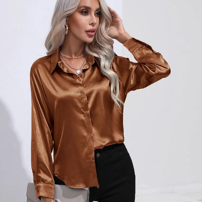 Elegant Satin Autumn Women's Slim Fit Blouse - dellidu.com - Coffee - Elegant Satin Autumn Women's Slim Fit Blouse - XXL - Elegant Satin Autumn Women's Slim Fit Blouse - 14:175#Coffee;5:4182 - dellidu.com