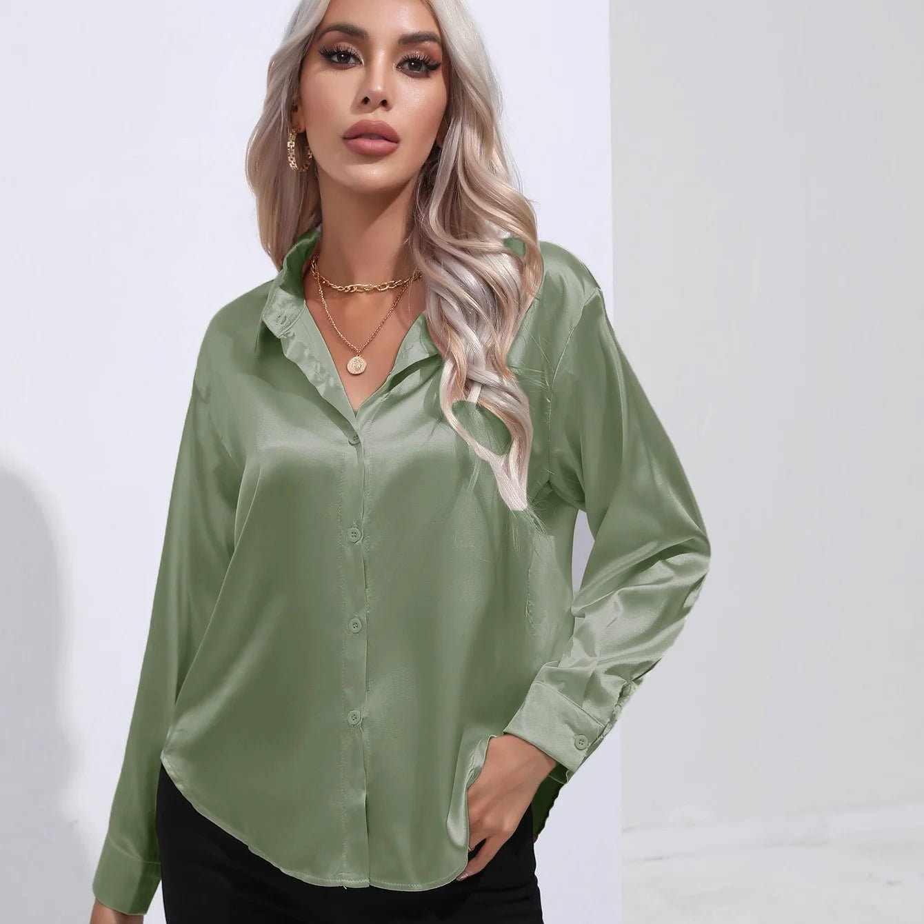 Elegant Satin Autumn Women's Slim Fit Blouse - dellidu.com - Green - Elegant Satin Autumn Women's Slim Fit Blouse - L - Elegant Satin Autumn Women's Slim Fit Blouse - 14:350852#Green;5:361385 - dellidu.com