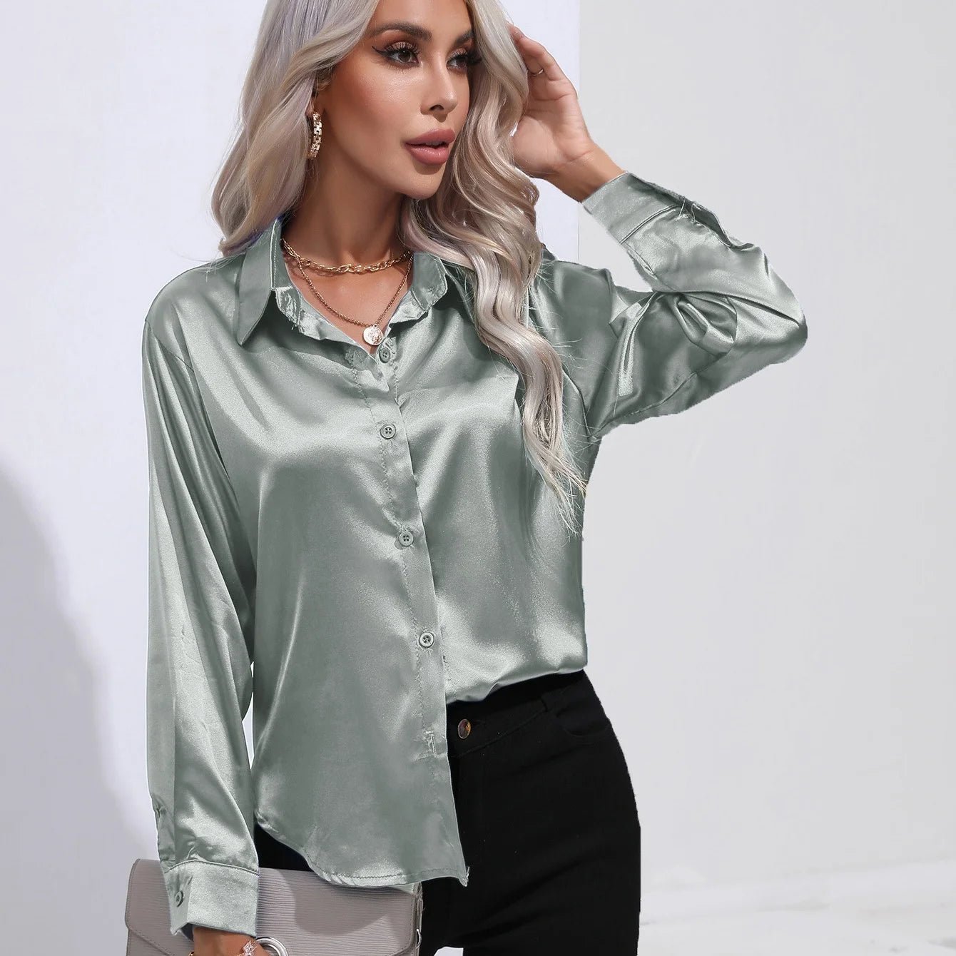 Elegant Satin Autumn Women's Slim Fit Blouse - dellidu.com - Gray - Elegant Satin Autumn Women's Slim Fit Blouse - L - Elegant Satin Autumn Women's Slim Fit Blouse - 14:200004889#Gray;5:361385 - dellidu.com