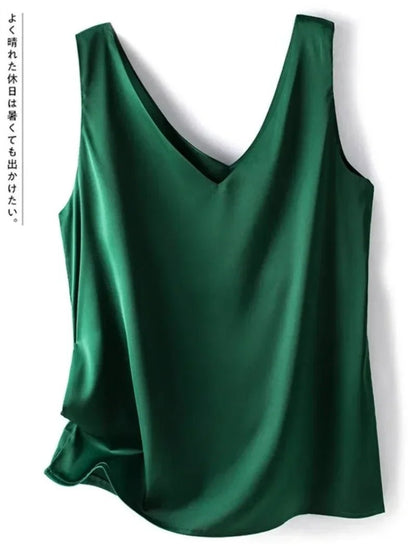 Elegant Silk Satin Blouse for Women - Sleeveless Casual Tank - dellidu.com - Army Green - Elegant Silk Satin Blouse for Women - Sleeveless Casual Tank - L(Bust 90cm) - Elegant Silk Satin Blouse for Women - Sleeveless Casual Tank - 14:200004889#Army Green;5:361385#L(Bust 90cm) - dellidu.com