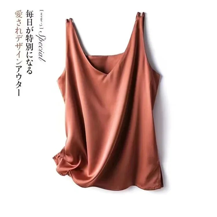 Elegant Silk Satin Blouse for Women - Sleeveless Casual Tank - dellidu.com - Orange Red - Elegant Silk Satin Blouse for Women - Sleeveless Casual Tank - 2XL(Bust 96cm) - Elegant Silk Satin Blouse for Women - Sleeveless Casual Tank - 14:203192887#Orange Red;5:4182#2XL(Bust 96cm) - dellidu.com