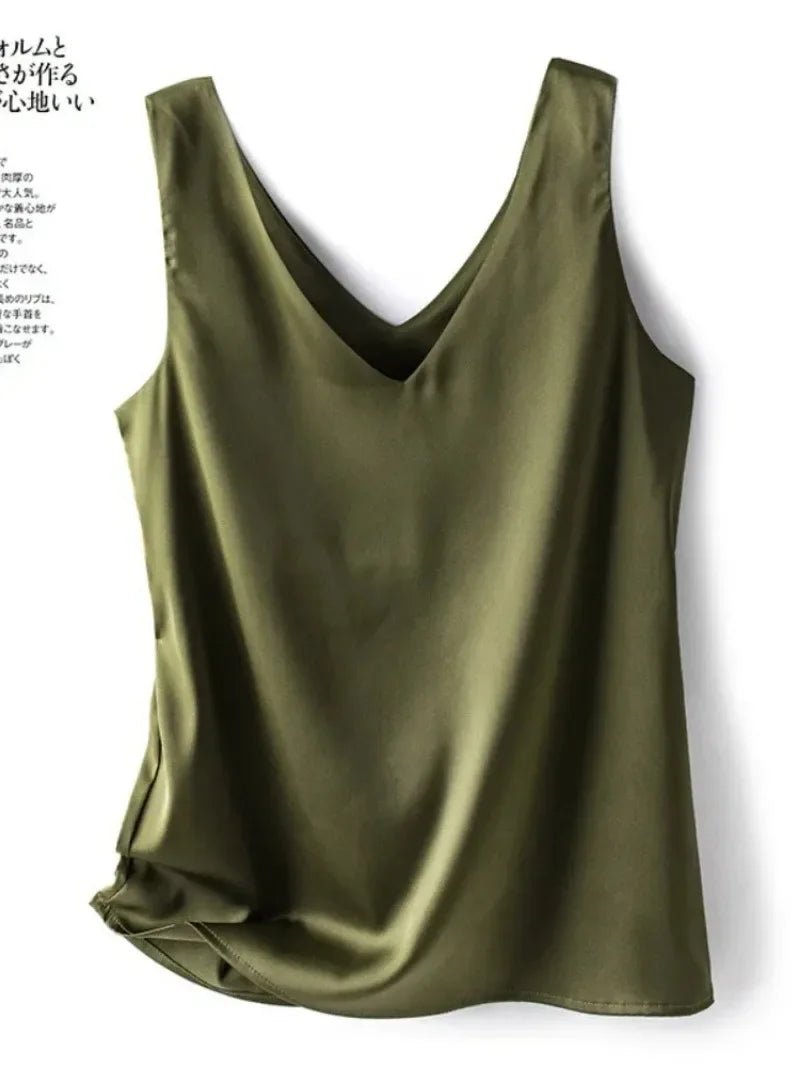 Elegant Silk Satin Blouse for Women - Sleeveless Casual Tank - dellidu.com - Army Green - Elegant Silk Satin Blouse for Women - Sleeveless Casual Tank - L(Bust 90cm) - Elegant Silk Satin Blouse for Women - Sleeveless Casual Tank - 14:200004889#Army Green;5:361385#L(Bust 90cm) - dellidu.com