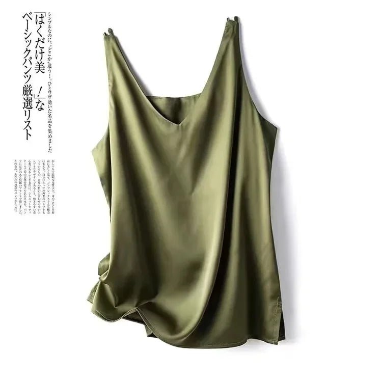 Elegant Silk Satin Blouse for Women - Sleeveless Casual Tank - dellidu.com - Army Green - Elegant Silk Satin Blouse for Women - Sleeveless Casual Tank - L(Bust 90cm) - Elegant Silk Satin Blouse for Women - Sleeveless Casual Tank - 14:200004889#Army Green;5:361385#L(Bust 90cm) - dellidu.com