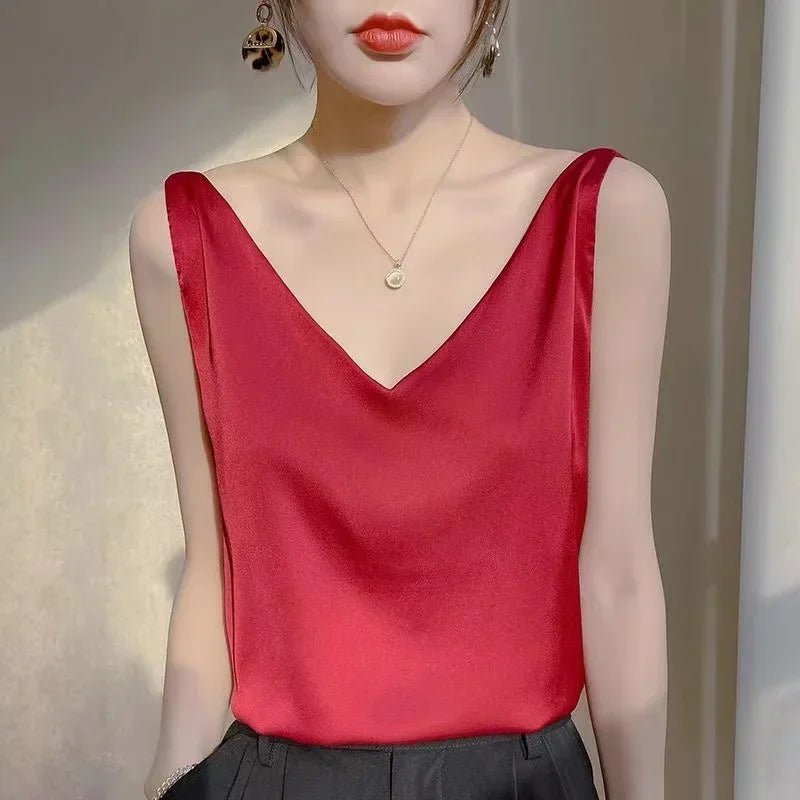 Elegant Silk Satin Blouse for Women - Sleeveless Casual Tank - dellidu.com - Red - Elegant Silk Satin Blouse for Women - Sleeveless Casual Tank - 3XL(Bust 98cm) - Elegant Silk Satin Blouse for Women - Sleeveless Casual Tank - 14:10#Red;5:4183#3XL(Bust 98cm) - dellidu.com