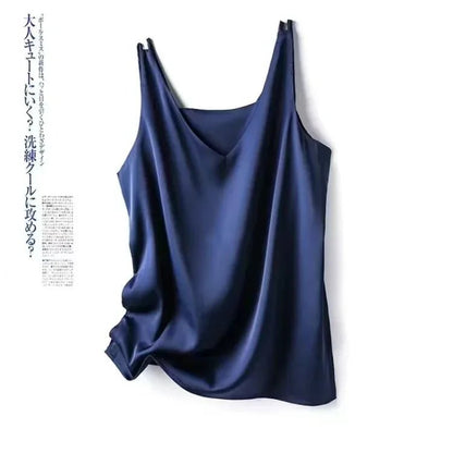 Elegant Silk Satin Blouse for Women - Sleeveless Casual Tank - dellidu.com - Navy Blue - Elegant Silk Satin Blouse for Women - Sleeveless Casual Tank - 2XL(Bust 96cm) - Elegant Silk Satin Blouse for Women - Sleeveless Casual Tank - 14:771#Navy Blue;5:4182#2XL(Bust 96cm) - dellidu.com