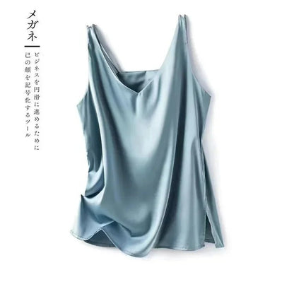 Elegant Silk Satin Blouse for Women - Sleeveless Casual Tank - dellidu.com - Sky Blue - Elegant Silk Satin Blouse for Women - Sleeveless Casual Tank - 3XL(Bust 98cm) - Elegant Silk Satin Blouse for Women - Sleeveless Casual Tank - 14:1254#Sky Blue;5:4183#3XL(Bust 98cm) - dellidu.com