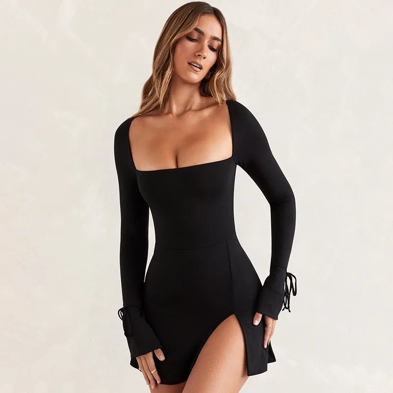 Elegant Women's Mini Bodycon Dress - Long Sleeve Knitted - dellidu.com - Black - Elegant Women's Mini Bodycon Dress - Long Sleeve Knitted - M - Elegant Women's Mini Bodycon Dress - Long Sleeve Knitted - 14:193#Black;5:361386 - dellidu.com