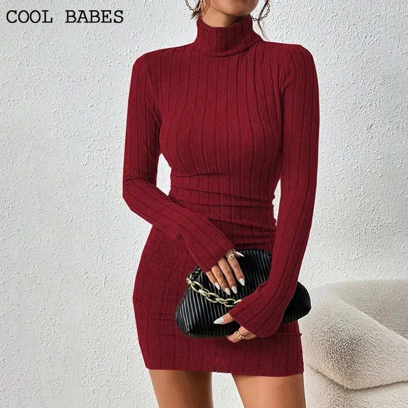 Elegant Women's Turtleneck Mini Dress - Autumn/Winter - dellidu.com - Red - Elegant Women's Turtleneck Mini Dress - Autumn/Winter - L - Elegant Women's Turtleneck Mini Dress - Autumn/Winter - 14:10#Red;5:361385 - dellidu.com