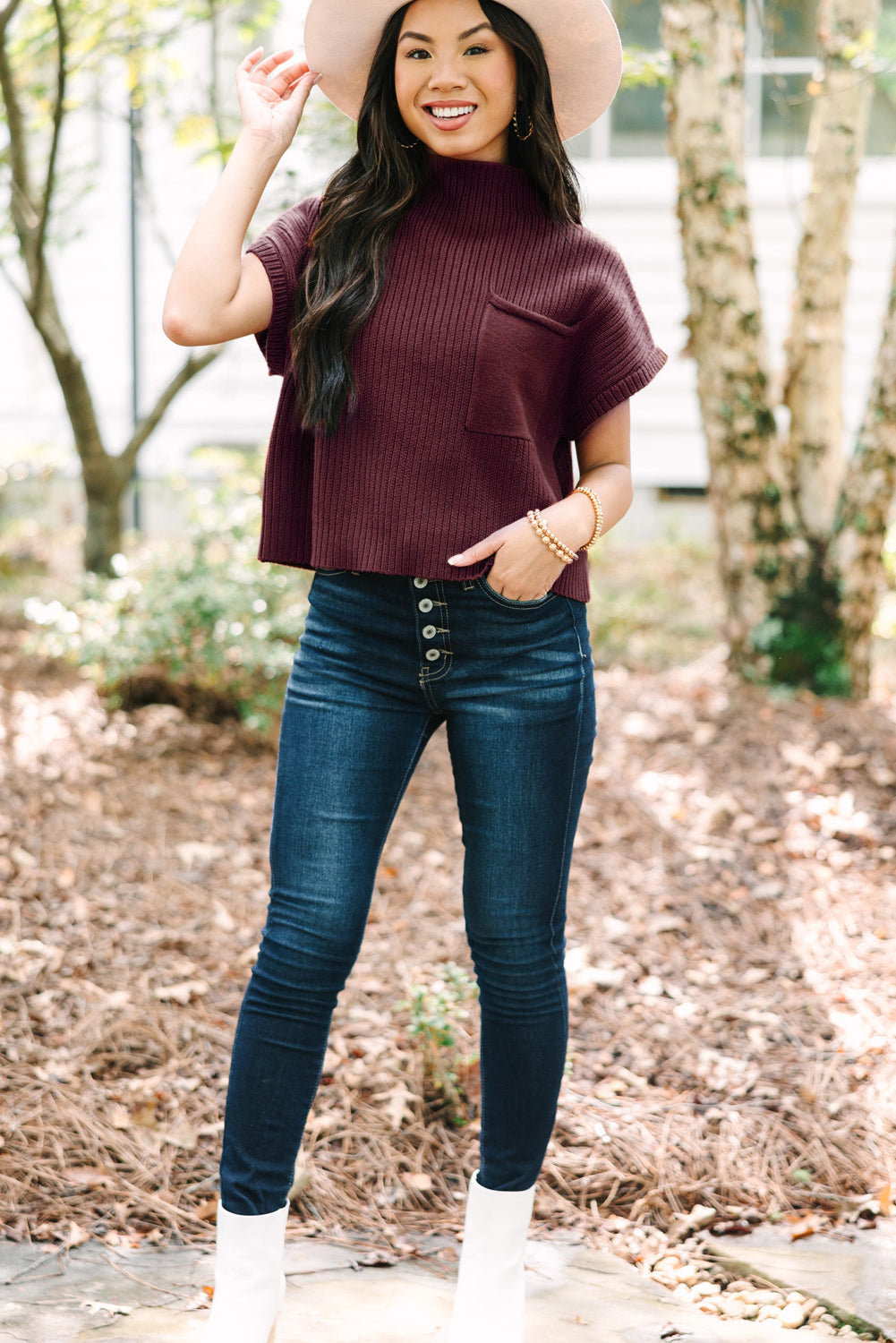 Pink Ribbed Knit Short Sleeve Sweater with Patch Pockets