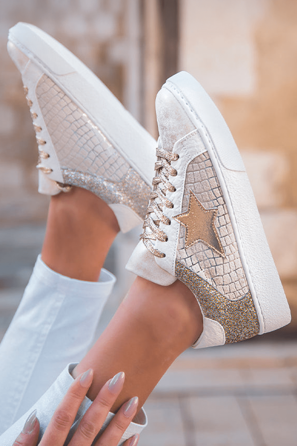 Gold Glitter Star Patchwork PU Leather Lace - up Sneakers - dellidu.com - Sneakers - 807612038832 - Gold - Gold Glitter Star Patchwork PU Leather Lace - up Sneakers - 37 - Gold Glitter Star Patchwork PU Leather Lace - up Sneakers - BH023692 - P12 - 37 - Shewin