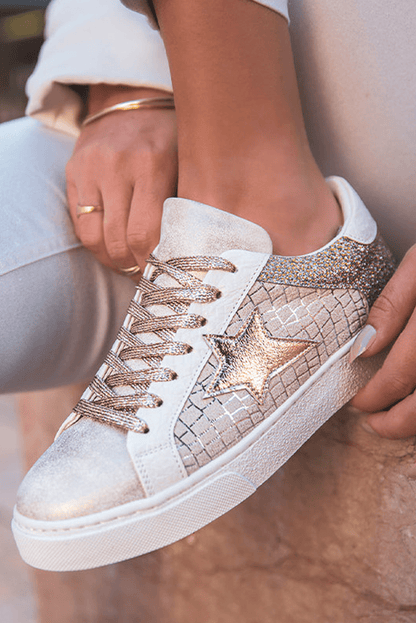 Gold Glitter Star Patchwork PU Leather Lace - up Sneakers - dellidu.com - Sneakers - 807612038832 - Gold - Gold Glitter Star Patchwork PU Leather Lace - up Sneakers - 37 - Gold Glitter Star Patchwork PU Leather Lace - up Sneakers - BH023692 - P12 - 37 - Shewin