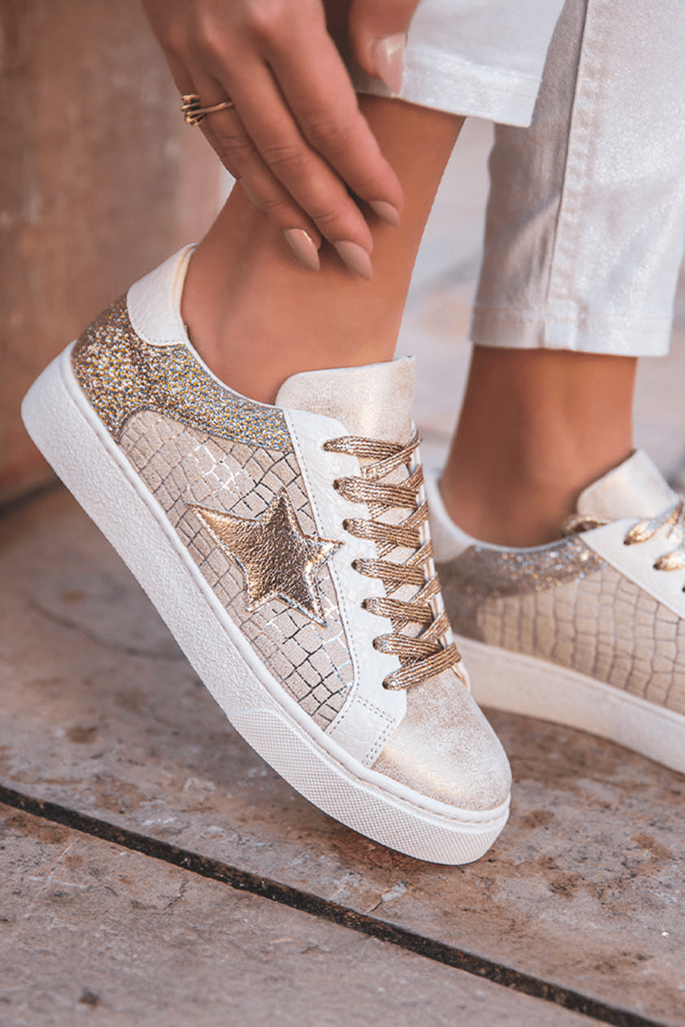 Gold Glitter Star Patchwork PU Leather Lace - up Sneakers - dellidu.com - Sneakers - 807612038832 - Gold - Gold Glitter Star Patchwork PU Leather Lace - up Sneakers - 37 - Gold Glitter Star Patchwork PU Leather Lace - up Sneakers - BH023692 - P12 - 37 - Shewin