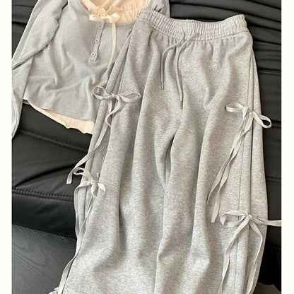 Gray Bow Top and Pants Set - Korean Casual Harajuku Style - dellidu.com - Grey trousers - Gray Bow Top and Pants Set - Korean Casual Harajuku Style - XL - Gray Bow Top and Pants Set - Korean Casual Harajuku Style - 14:193#Grey trousers;5:100014065 - dellidu.com