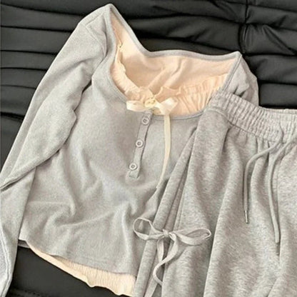 Gray Bow Top and Pants Set - Korean Casual Harajuku Style - dellidu.com - Gray coat - Gray Bow Top and Pants Set - Korean Casual Harajuku Style - S - Gray Bow Top and Pants Set - Korean Casual Harajuku Style - 14:771#Gray coat;5:100014064 - dellidu.com