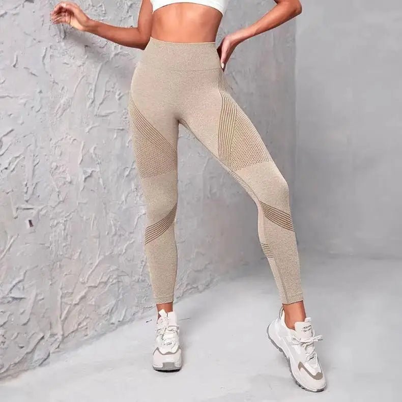 High Waist Striped Mesh Fitness Leggings for Women - dellidu.com - khaki - High Waist Striped Mesh Fitness Leggings for Women - L - High Waist Striped Mesh Fitness Leggings for Women - 14:771#khaki;5:361385 - dellidu.com