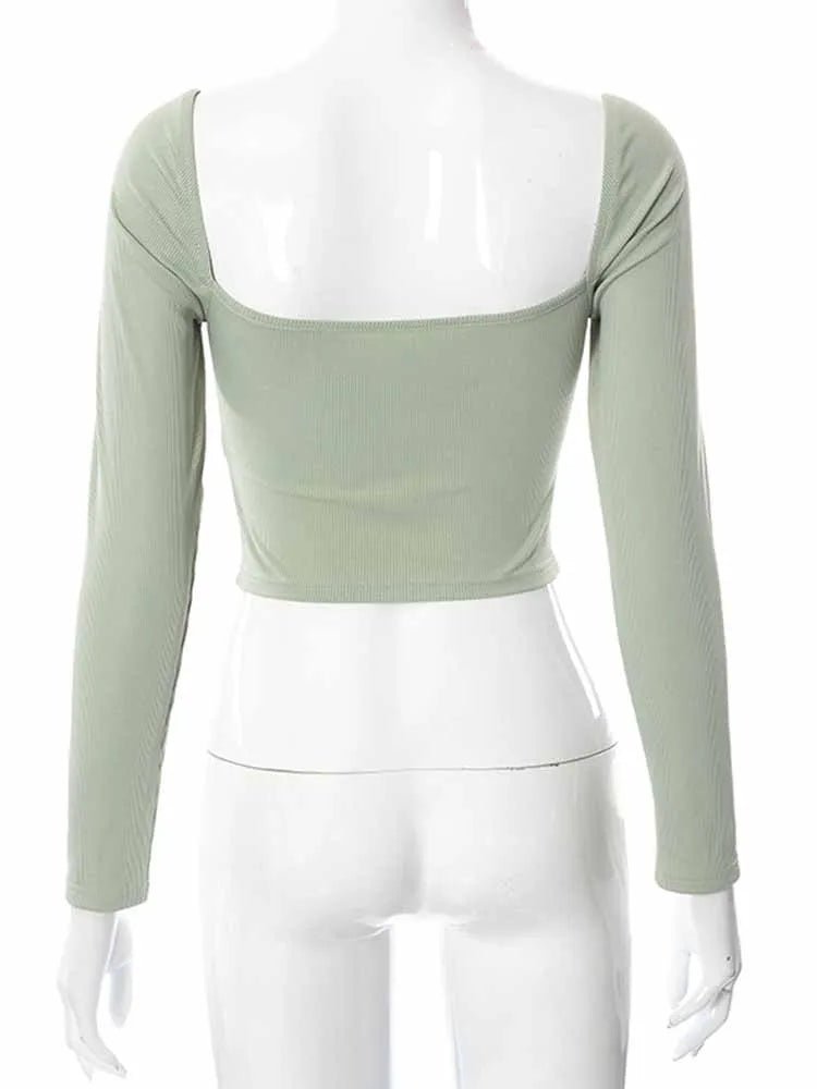 Hollow - Out V - Neck Long Sleeve Crop Top for Women - dellidu.com - green - Hollow - Out V - Neck Long Sleeve Crop Top for Women - M - Hollow - Out V - Neck Long Sleeve Crop Top for Women - 14:175;5:361386 - dellidu.com