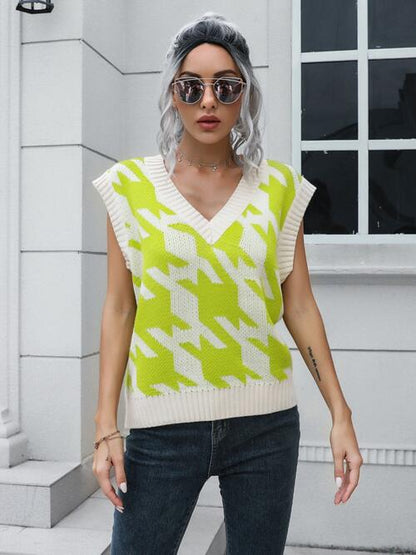 Houndstooth V - Neck Sweater Vest - dellidu.com - 100100792999126 - Lime - 7cc27c864aa0407c8531dd5b1e4e387c - Min - L - 7cc27c864aa0407c8531dd5b1e4e387c - Min - 100100792999126 - Trendsi