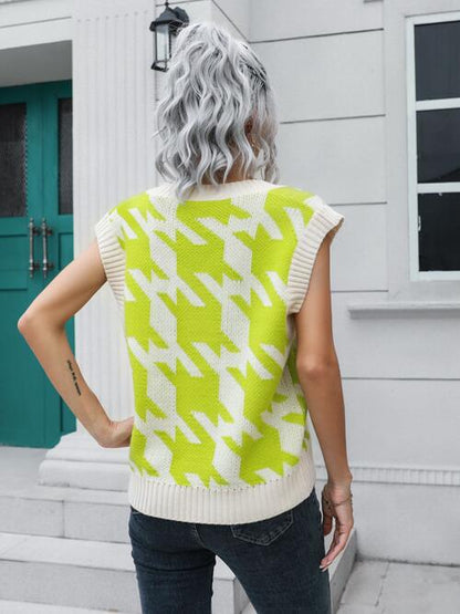 Houndstooth V - Neck Sweater Vest - dellidu.com - 100100792999126 - Lime - c59aaf0a239746c6a130b74c10def3e1 - Min - L - c59aaf0a239746c6a130b74c10def3e1 - Min - 100100792999126 - Trendsi