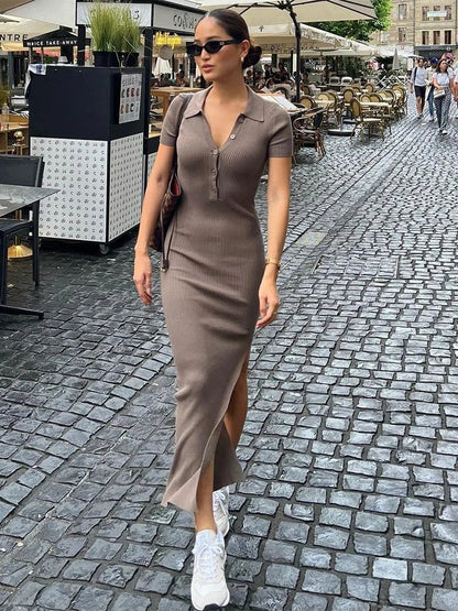 Kliou Elegant Office Lady Maxi Dress with Turn - Down Collar - dellidu.com - Khaki - Kliou Elegant Office Lady Maxi Dress with Turn - Down Collar - M - Kliou Elegant Office Lady Maxi Dress with Turn - Down Collar - 14:200001438;5:361386 - dellidu.com