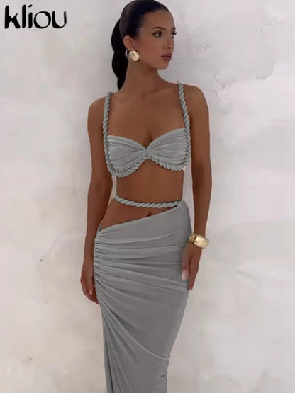 Kliou Woven Sexy Women 2 Piece Set - Crop Camisole & Maxi Skirt - dellidu.com - GRAY - Kliou Woven Sexy Women 2 Piece Set - Crop Camisole & Maxi Skirt - L - Kliou Woven Sexy Women 2 Piece Set - Crop Camisole & Maxi Skirt - 14:691;5:361385 - dellidu.com