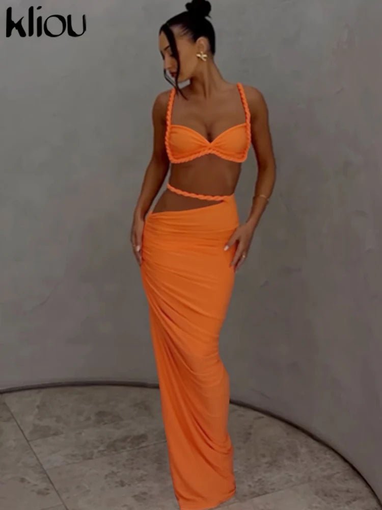 Kliou Woven Sexy Women 2 Piece Set - Crop Camisole & Maxi Skirt - dellidu.com - Orange - Kliou Woven Sexy Women 2 Piece Set - Crop Camisole & Maxi Skirt - M - Kliou Woven Sexy Women 2 Piece Set - Crop Camisole & Maxi Skirt - 14:350852;5:361386 - dellidu.com