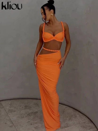 Kliou Woven Sexy Women 2 Piece Set - Crop Camisole & Maxi Skirt - dellidu.com - Orange - Kliou Woven Sexy Women 2 Piece Set - Crop Camisole & Maxi Skirt - M - Kliou Woven Sexy Women 2 Piece Set - Crop Camisole & Maxi Skirt - 14:350852;5:361386 - dellidu.com