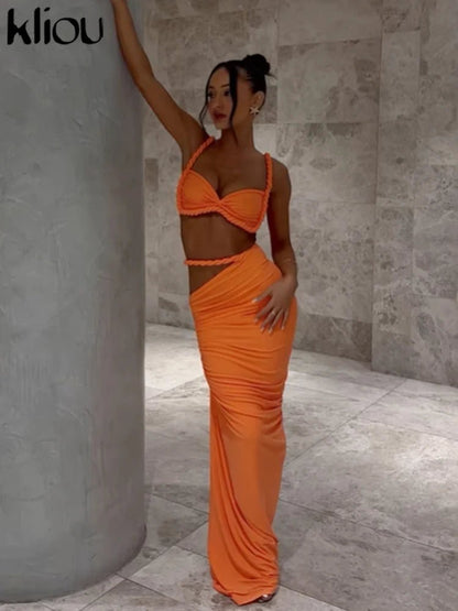 Kliou Woven Sexy Women 2 Piece Set - Crop Camisole & Maxi Skirt - dellidu.com - Orange - Kliou Woven Sexy Women 2 Piece Set - Crop Camisole & Maxi Skirt - M - Kliou Woven Sexy Women 2 Piece Set - Crop Camisole & Maxi Skirt - 14:350852;5:361386 - dellidu.com