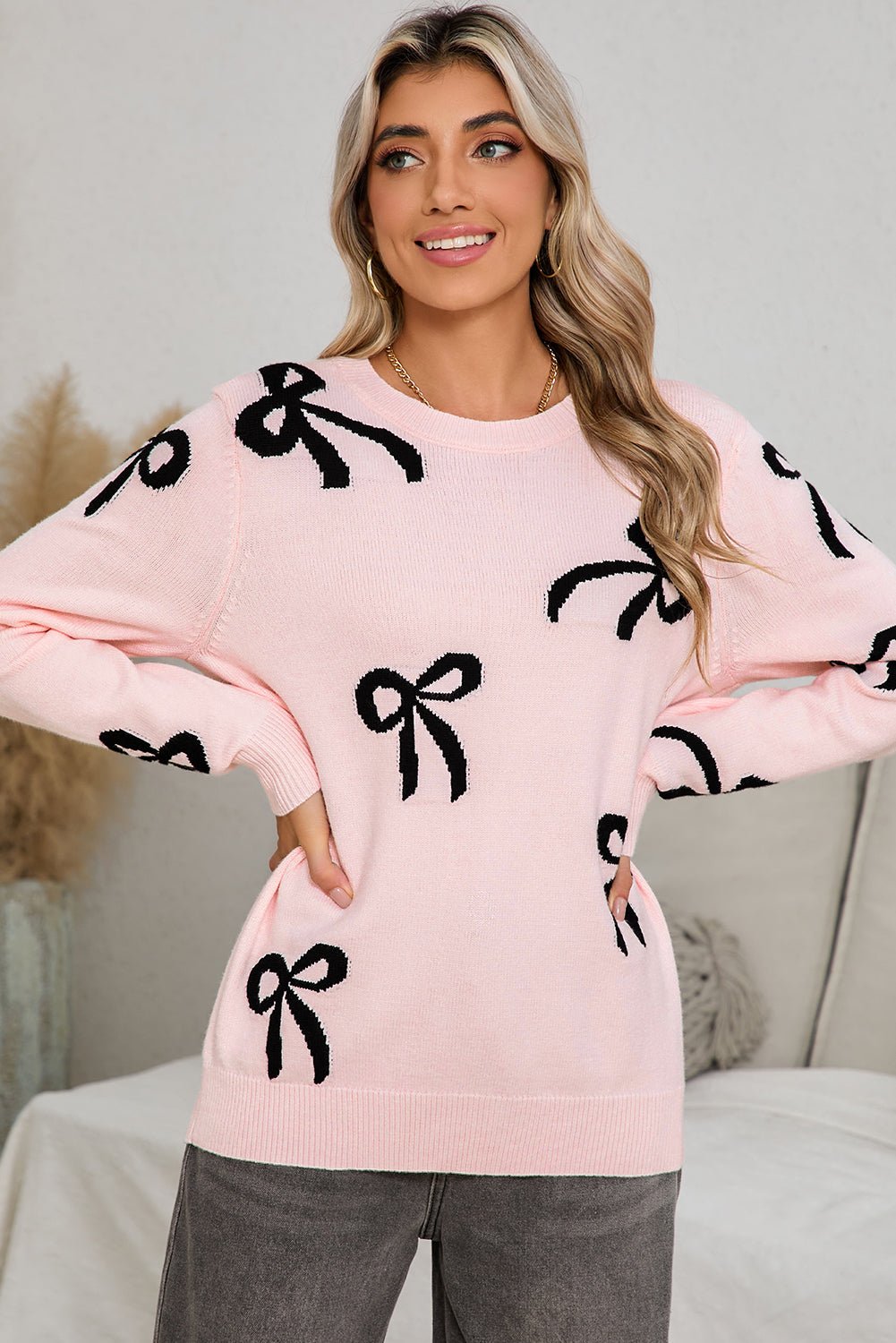 Light Pink Bow Print Long Sleeve Sweater - dellidu.com - Sweaters - 106127020683 - Light Pink - Light Pink Bow Print Long Sleeve Sweater - S - Light Pink Bow Print Long Sleeve Sweater - SW2725483 - P1010 - S - Shewin