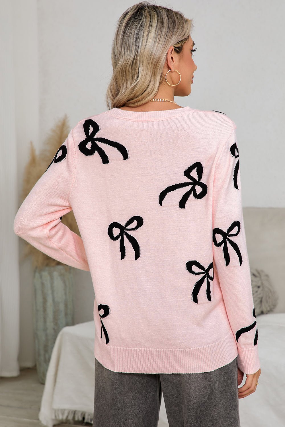 Light Pink Bow Print Long Sleeve Sweater - dellidu.com - Sweaters - 106127020683 - Light Pink - Light Pink Bow Print Long Sleeve Sweater - S - Light Pink Bow Print Long Sleeve Sweater - SW2725483 - P1010 - S - Shewin