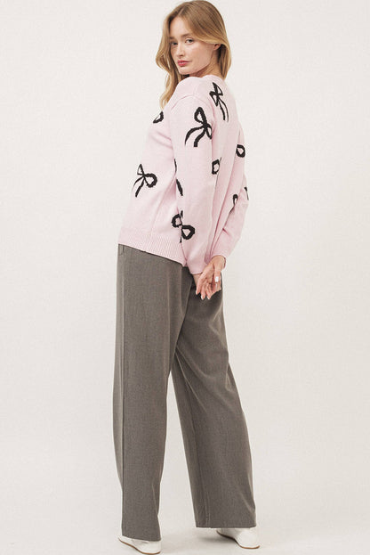 Light Pink Bow Print Long Sleeve Sweater - dellidu.com - Sweaters - 106127020683 - Light Pink - Light Pink Bow Print Long Sleeve Sweater - S - Light Pink Bow Print Long Sleeve Sweater - SW2725483 - P1010 - S - Shewin