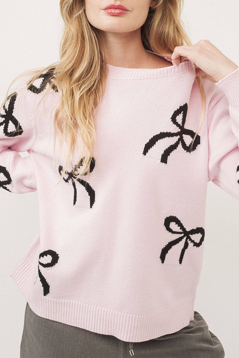 Light Pink Bow Print Long Sleeve Sweater - dellidu.com - Sweaters - 106127020683 - Light Pink - Light Pink Bow Print Long Sleeve Sweater - S - Light Pink Bow Print Long Sleeve Sweater - SW2725483 - P1010 - S - Shewin