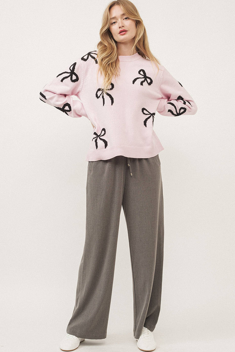 Light Pink Bow Print Long Sleeve Sweater - dellidu.com - Sweaters - 106127020683 - Light Pink - Light Pink Bow Print Long Sleeve Sweater - S - Light Pink Bow Print Long Sleeve Sweater - SW2725483 - P1010 - S - Shewin