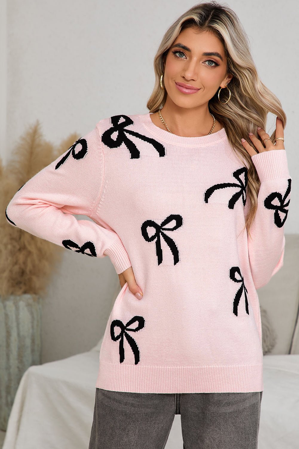 Light Pink Bow Print Long Sleeve Sweater - dellidu.com - Sweaters - 106127020683 - Light Pink - Light Pink Bow Print Long Sleeve Sweater - S - Light Pink Bow Print Long Sleeve Sweater - SW2725483 - P1010 - S - Shewin