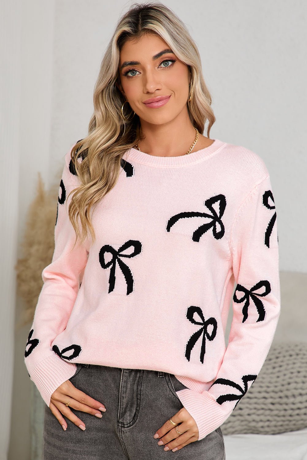 Light Pink Bow Print Long Sleeve Sweater - dellidu.com - Sweaters - 106127020683 - Light Pink - Light Pink Bow Print Long Sleeve Sweater - S - Light Pink Bow Print Long Sleeve Sweater - SW2725483 - P1010 - S - Shewin