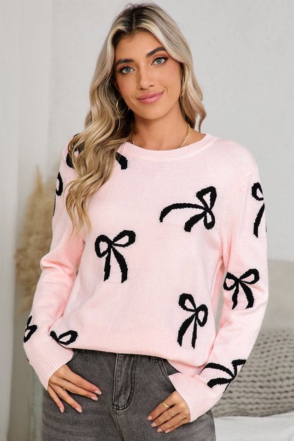 Light Pink Bow Print Long Sleeve Sweater - dellidu.com - Sweaters - 106127020683 - Light Pink - Light Pink Bow Print Long Sleeve Sweater - S - Light Pink Bow Print Long Sleeve Sweater - SW2725483 - P1010 - S - Shewin