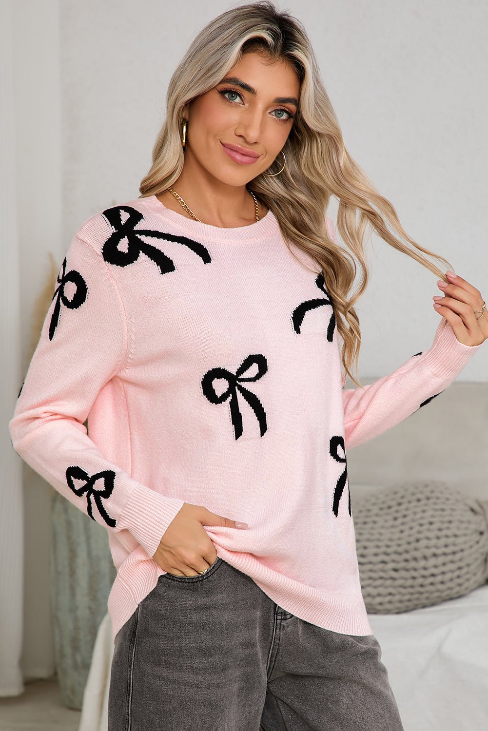 Light Pink Bow Print Long Sleeve Sweater - dellidu.com - Sweaters - 106127020683 - Light Pink - Light Pink Bow Print Long Sleeve Sweater - S - Light Pink Bow Print Long Sleeve Sweater - SW2725483 - P1010 - S - Shewin