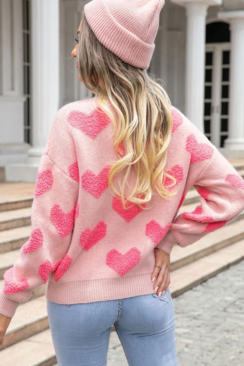 Light Pink Heart Jacquard Knit Sweater - dellidu.com - Sweaters - 901154093307 - Light Pink - Light Pink Heart Jacquard Knit Sweater - S - Light Pink Heart Jacquard Knit Sweater - SW2724596 - P1010 - S - Shewin