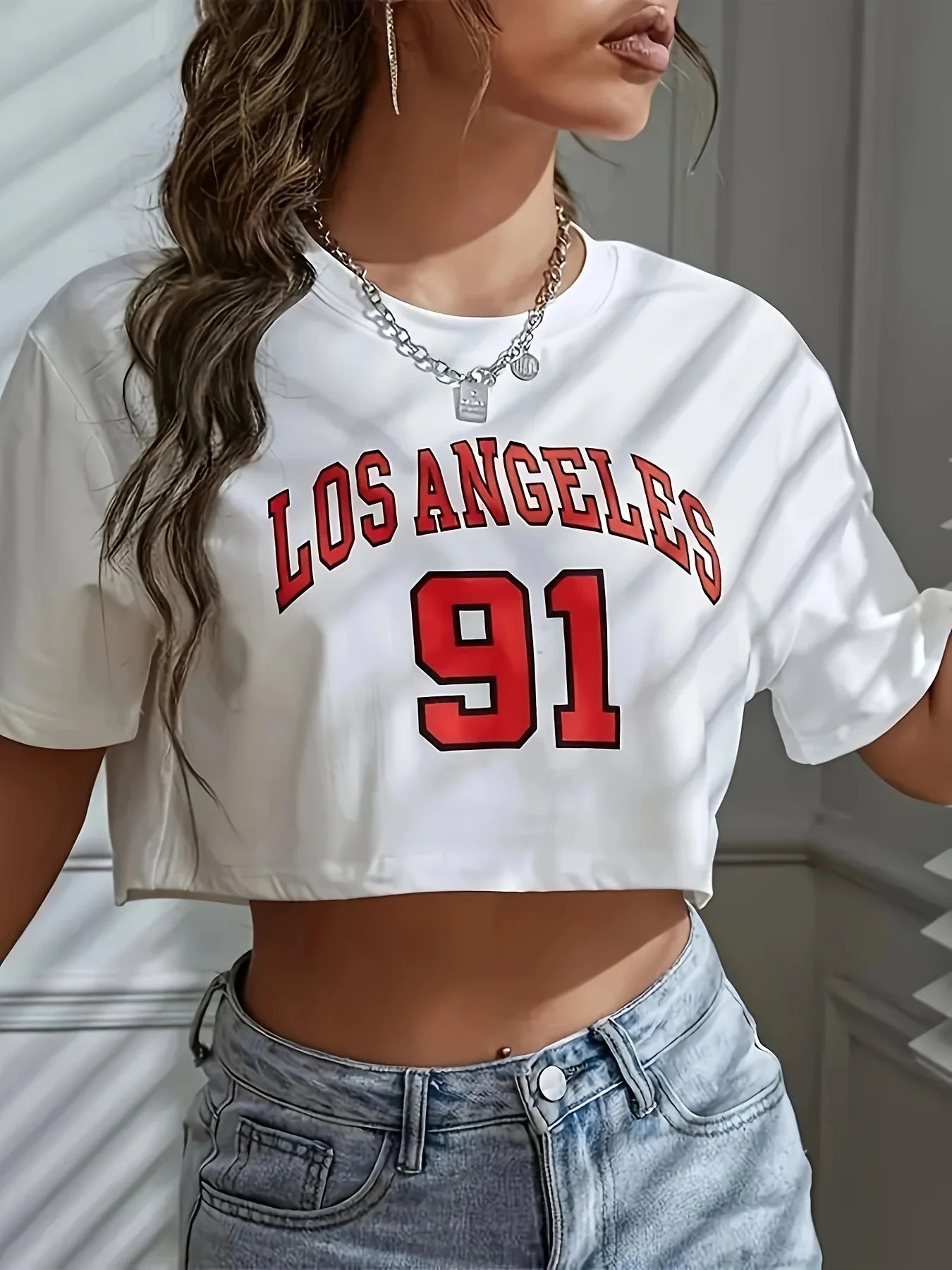 Los Angeles Number 91 Graphic Crop T-shirt for Women - dellidu.com - H919 - Black - luqi - Los Angeles Number 91 Graphic Crop T-shirt for Women - L - Los Angeles Number 91 Graphic Crop T-shirt for Women - 14:193#H919 - Black - luqi;5:361385 - dellidu.com