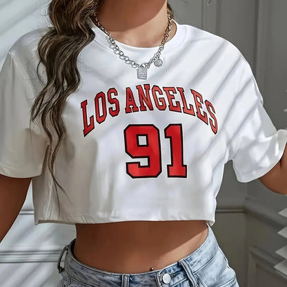 Los Angeles Number 91 Graphic Crop T-shirt for Women - dellidu.com - H919 - White - luqi - Los Angeles Number 91 Graphic Crop T-shirt for Women - XL - Los Angeles Number 91 Graphic Crop T-shirt for Women - 14:771#H919 - White - luqi;5:100014065 - dellidu.com