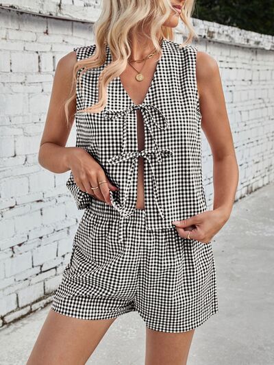 Lovelet Tied Plaid V - Neck Vest and Shorts Set - dellidu.com - 100100433660058 - Black - b8b40cb5 - efe9 - 4ebd - 8806 - fdba5da8b9ee - Min - S - b8b40cb5 - efe9 - 4ebd - 8806 - fdba5da8b9ee - Min - 100100433660058 - Trendsi